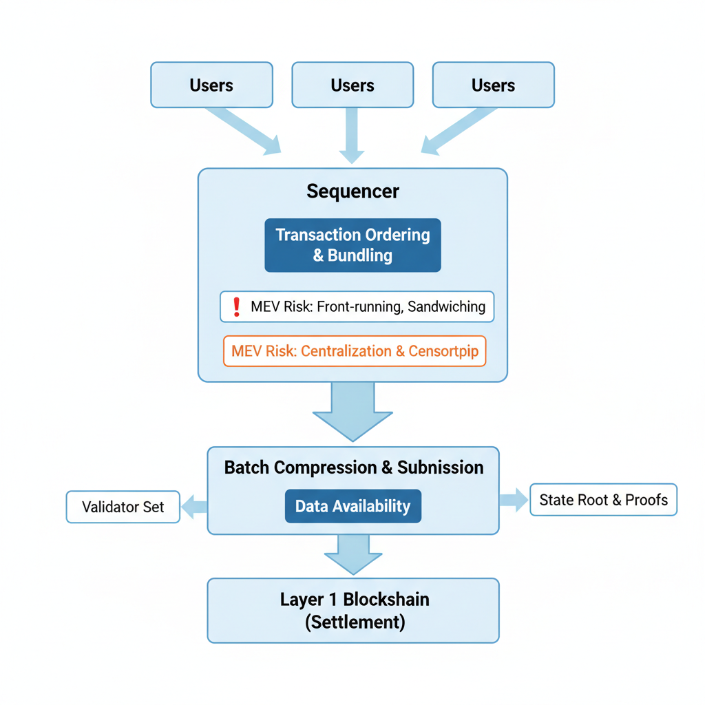 clean diagram of rollup sequencer architecture with MEV risk highlights, technical illustration