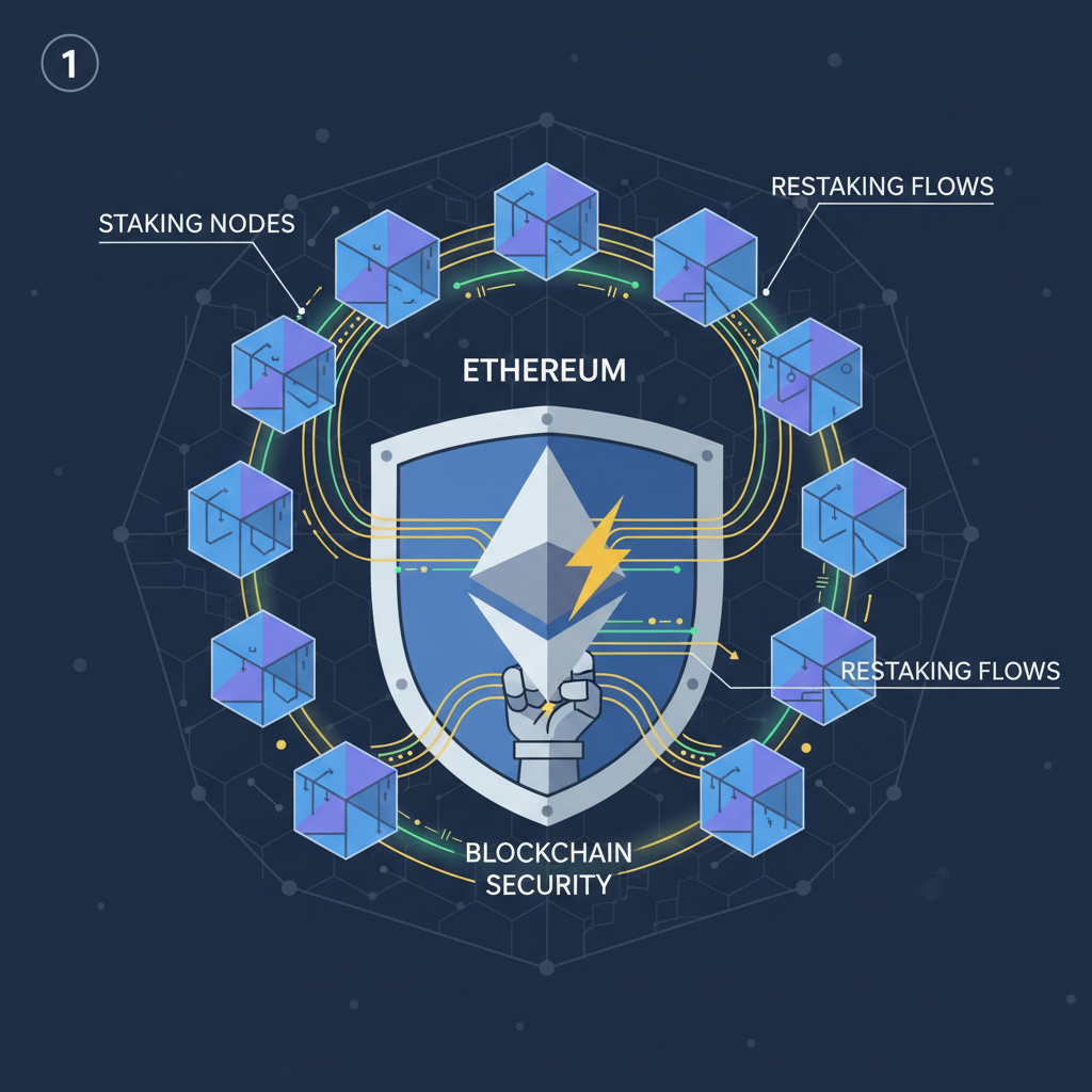 ethereum logo merging with shield and staking nodes, glowing restaking flows, blockchain security visualization