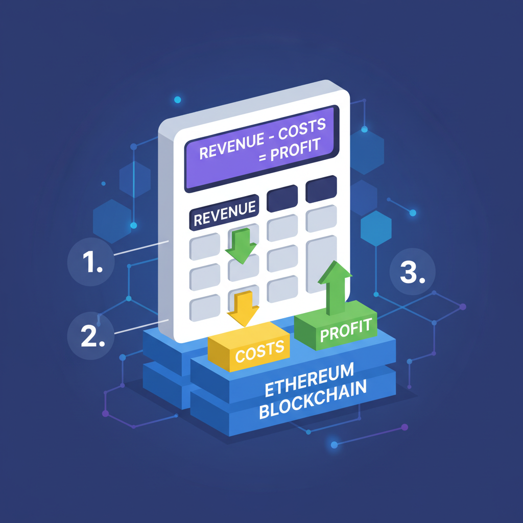 calculator subtracting costs from revenue stack on Ethereum blockchain background