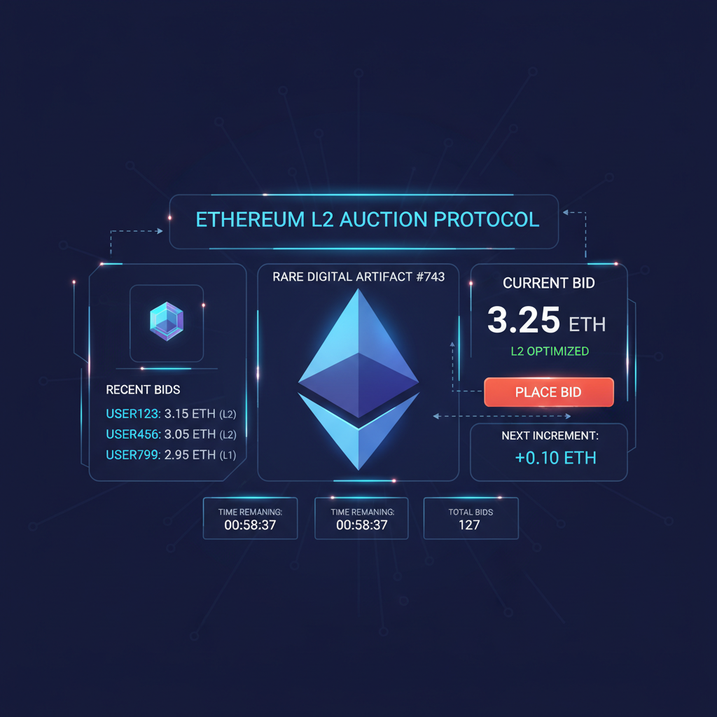 futuristic ethereum l2 auction dashboard with dynamic bid increments glowing