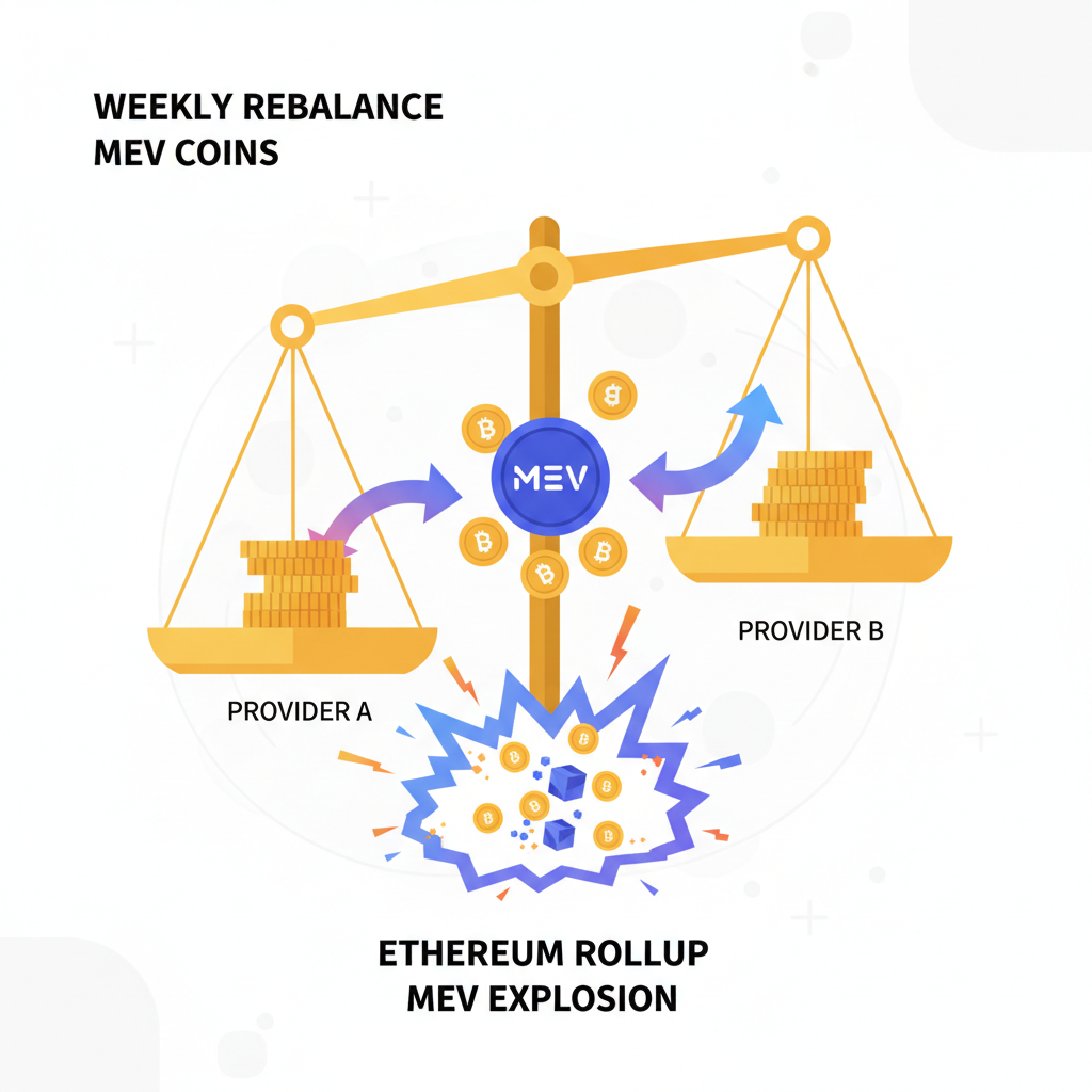 weekly rebalance scales tipping MEV coins between providers, dynamic arrows shifting, Ethereum rollup MEV explosion graphic