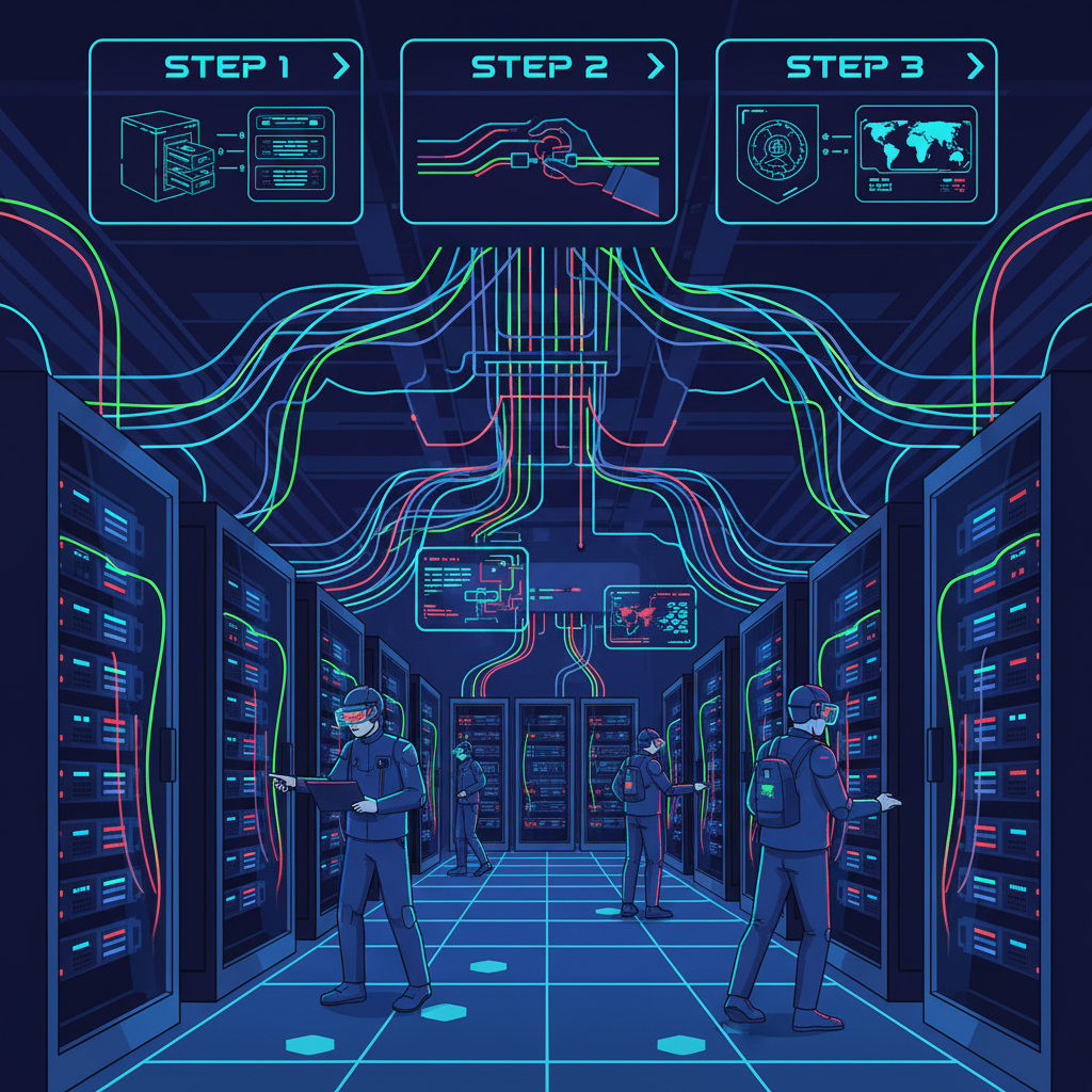 high-tech servers colocated in bustling data center, fiber cables glowing, cyberpunk neon lights, ultra-detailed